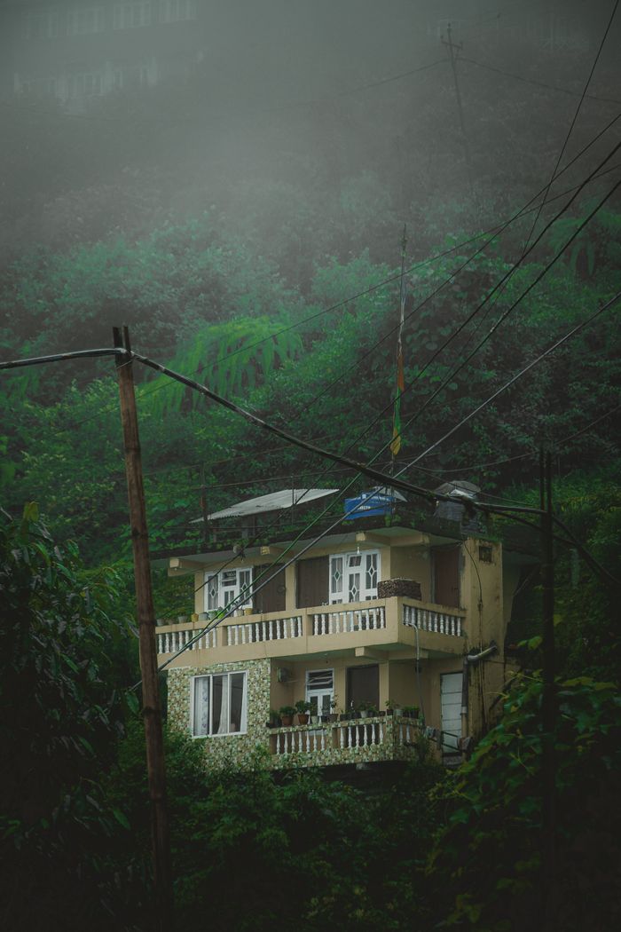 Quaint house nestled in a foggy mountain landscape, surrounded by dense green foliage.